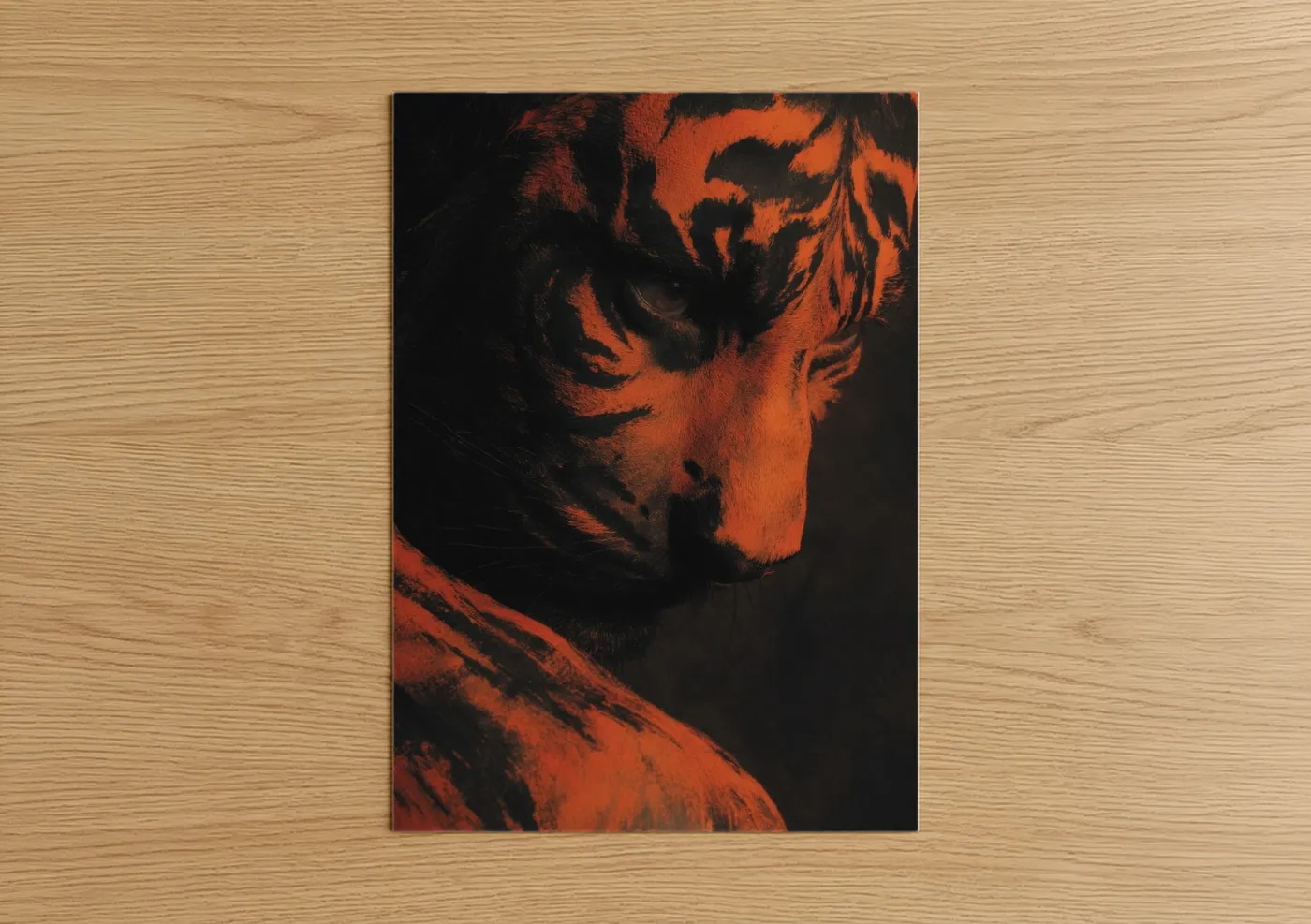 Body art art print on warm oak wood — red and black palette — Crimson Portrait poster