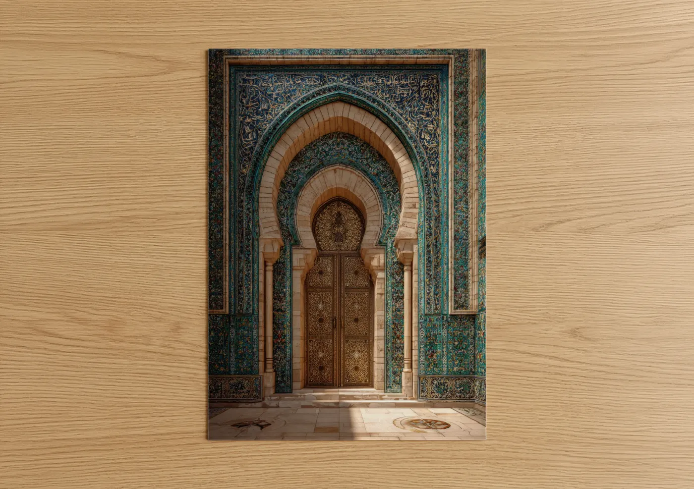 Art print on warm oak wood — teal and gold palette — Ornate Islamic Door poster