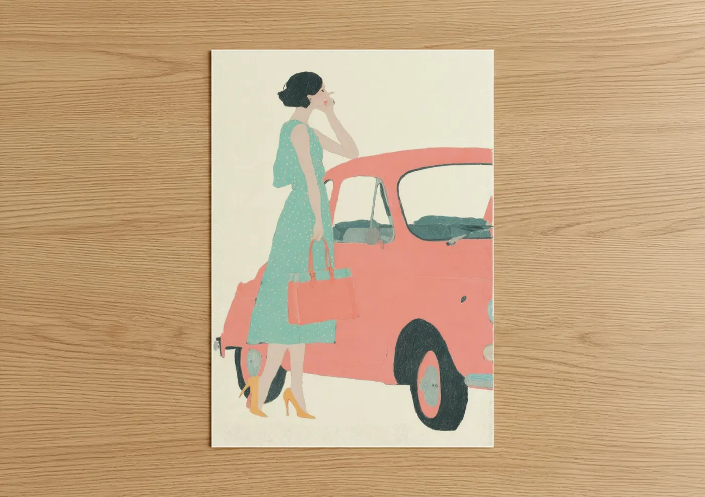 Fashion illustration art print on warm oak wood — salmon pink and light green palette — Retro Road Trip poster