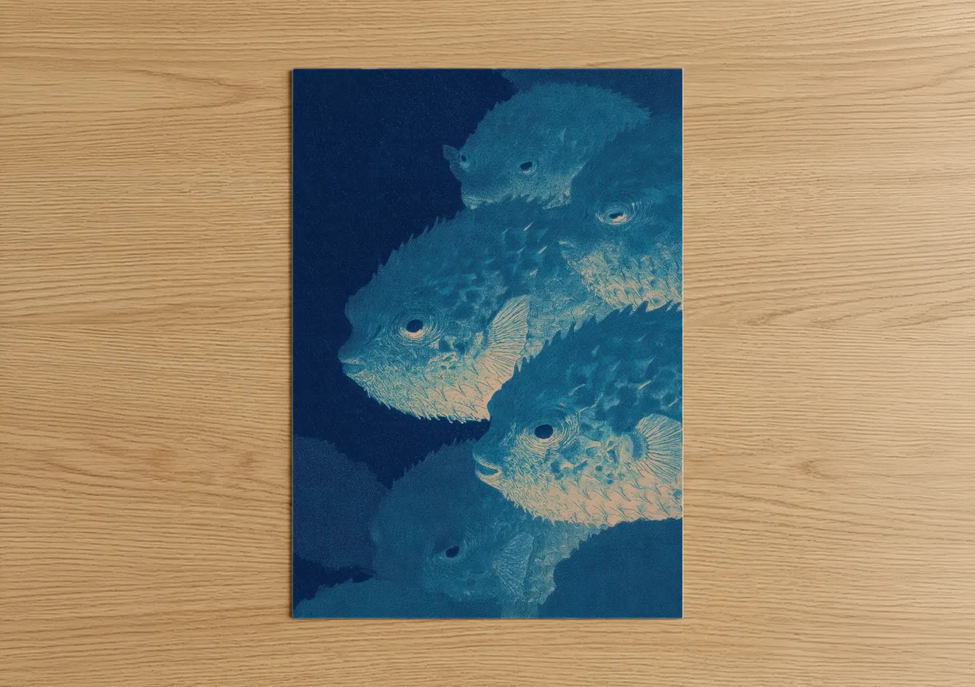 Blue Puffer Fish Deep Sea Illustration Wall Art