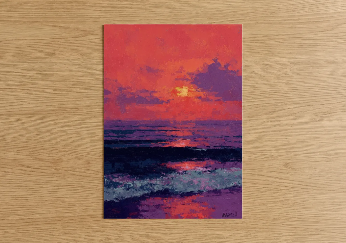 Crimson Sunset Waves Beach Wall Art