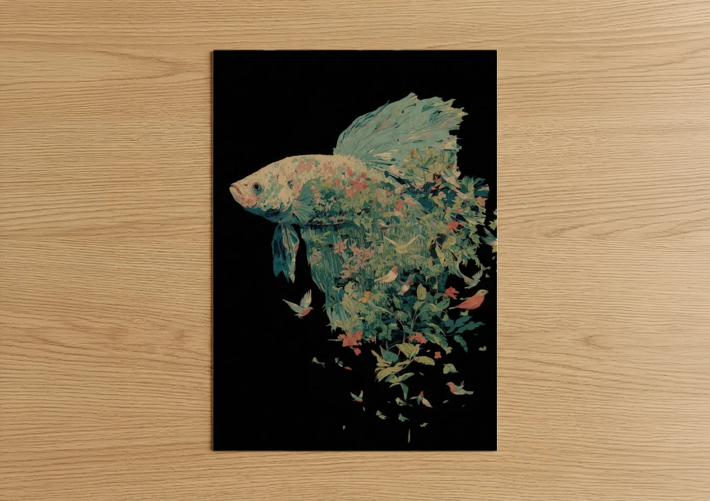 Betta fish art print on warm oak wood — teal and cream palette — Botanical Betta poster