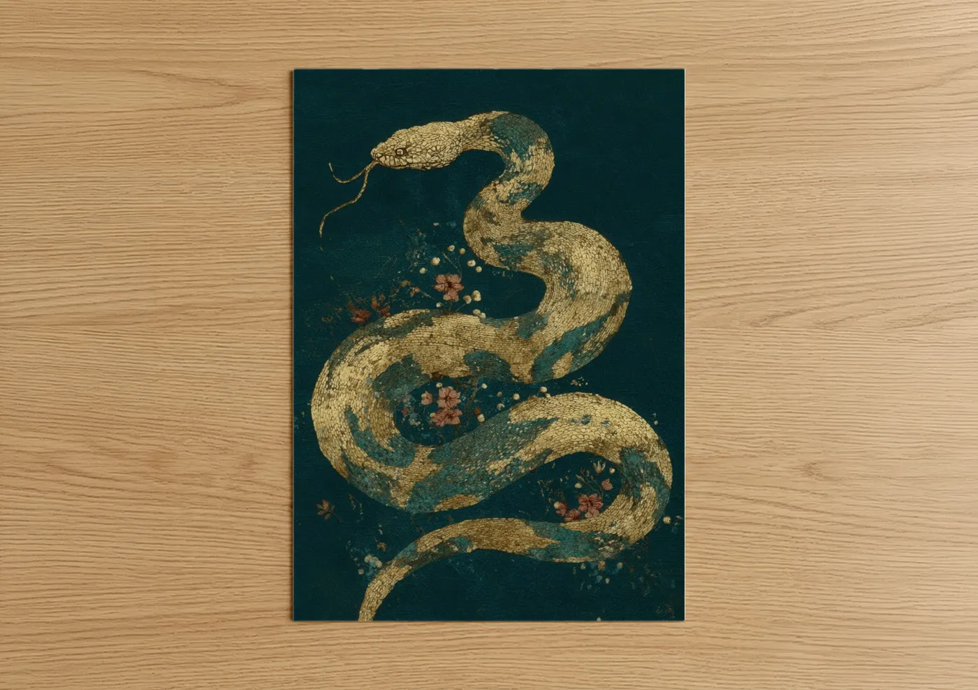 Art print on warm oak wood — gold and teal and teal palette — Golden Python Serpent poster
