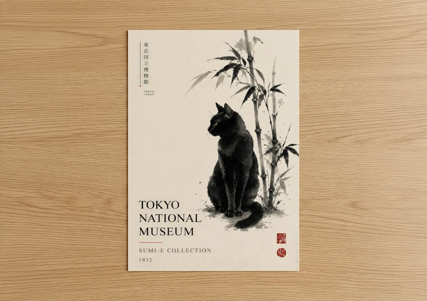 Art print on warm oak wood — black and white and beige palette — Japanese Black Cat Bamboo Wall Art poster
