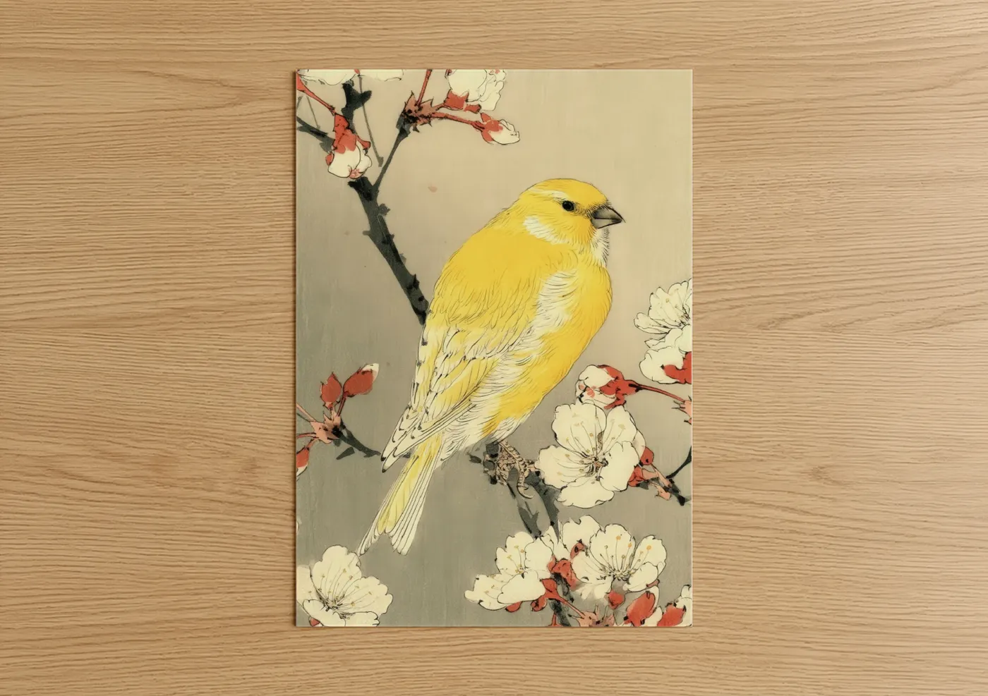 Canaries art print on warm oak wood — yellow gold and cream palette — Yellow Finch Blossoms poster