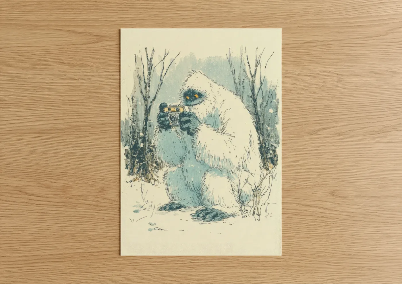 Art print on warm oak wood — blue and white and cream palette — Snowy Yeti Photographer poster