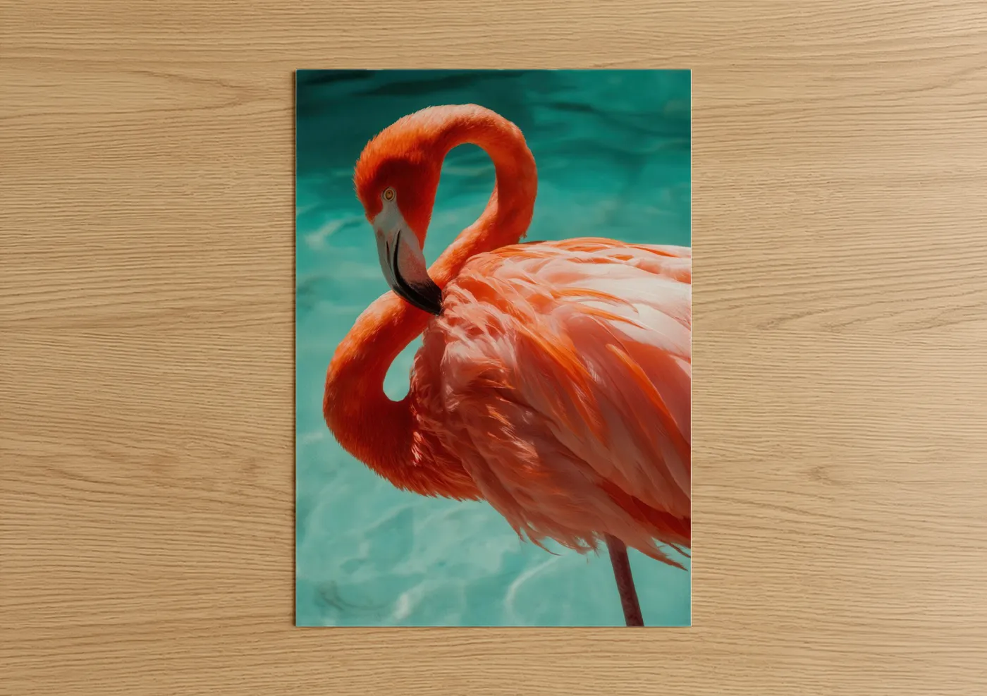 Art print on warm oak wood — salmon pink and turquoise palette — Tropical Flamingo poster