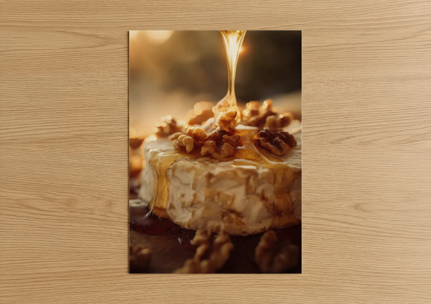 Cheese art print on warm oak wood — gold and cream palette — Golden Honey Drizzle poster