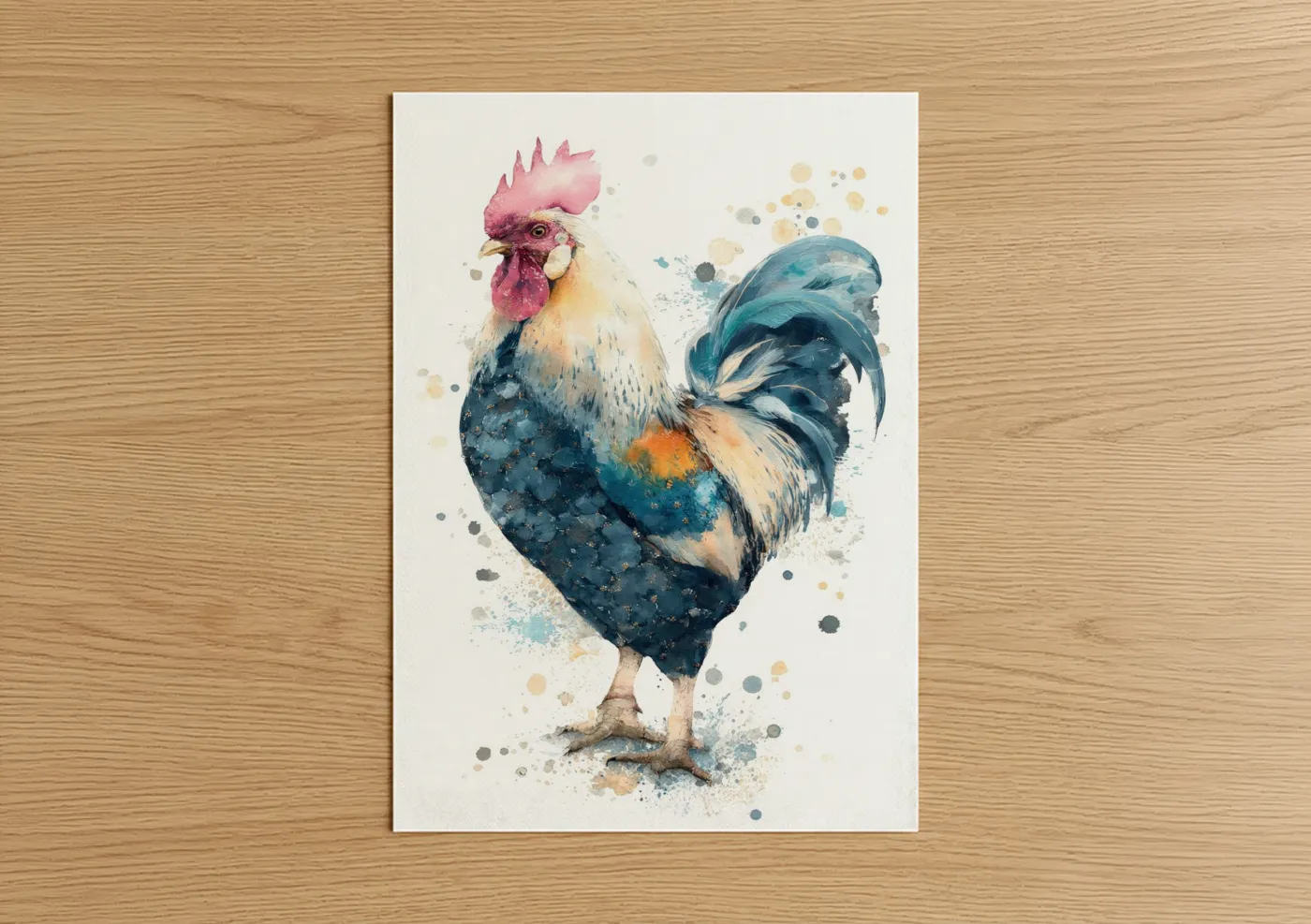 Pink-Crested Rooster Watercolor Wall Art