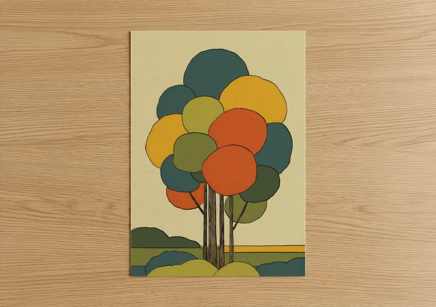 Art print on warm oak wood — yellow gold palette — Autumn Linden Tree poster