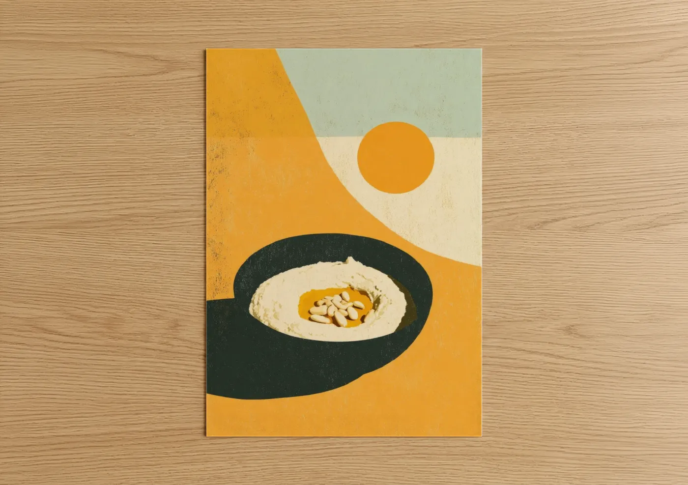 Condiments art print on warm oak wood — gold and cream palette — Hummus Bowl Minimalist poster