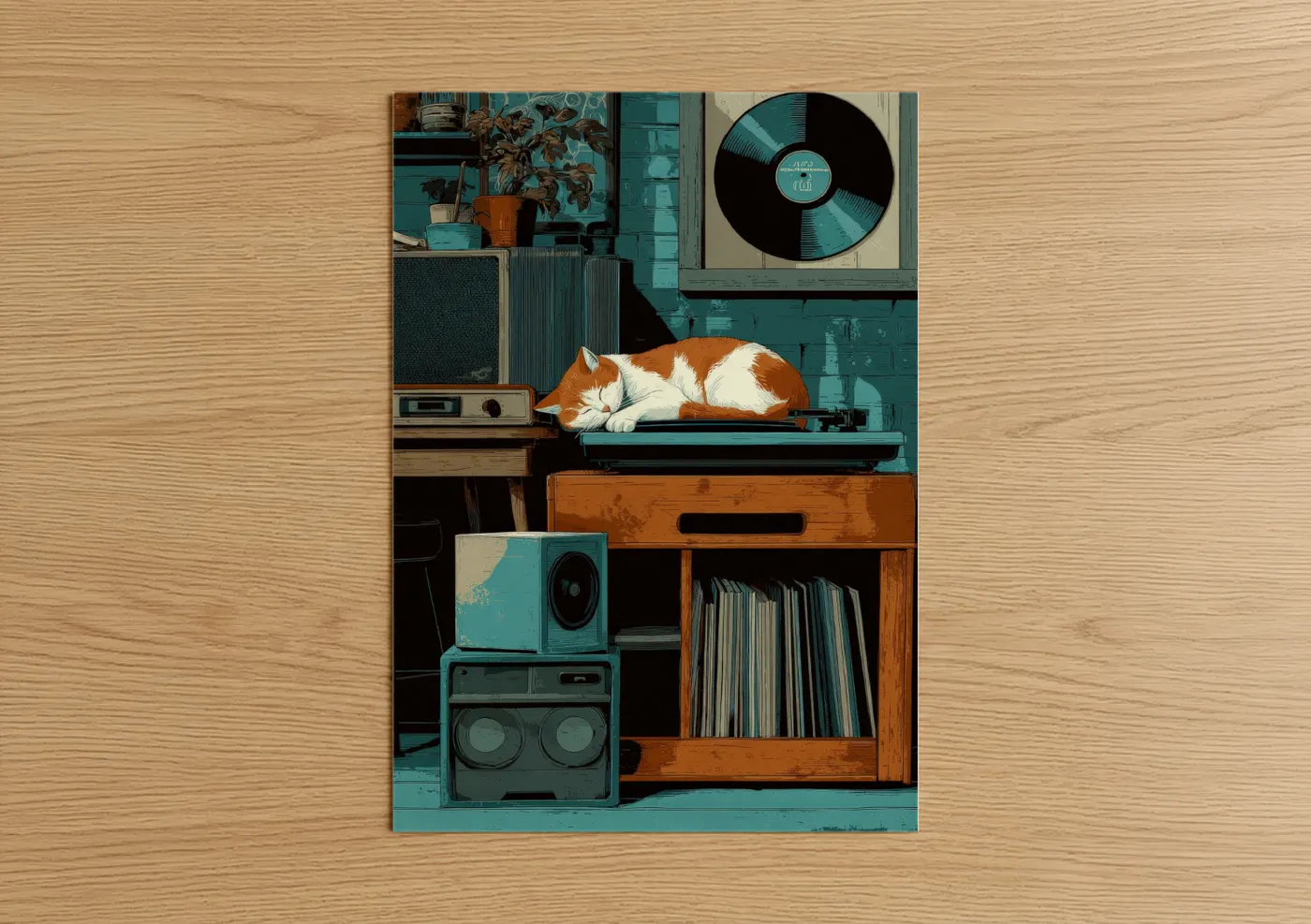 Retro cat vinyl record player art print Wall Art