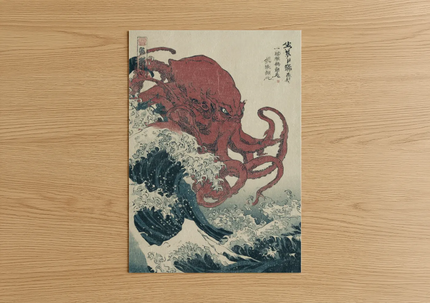 Art print on warm oak wood — maroon and dark blue palette — Crimson Cthulhu poster
