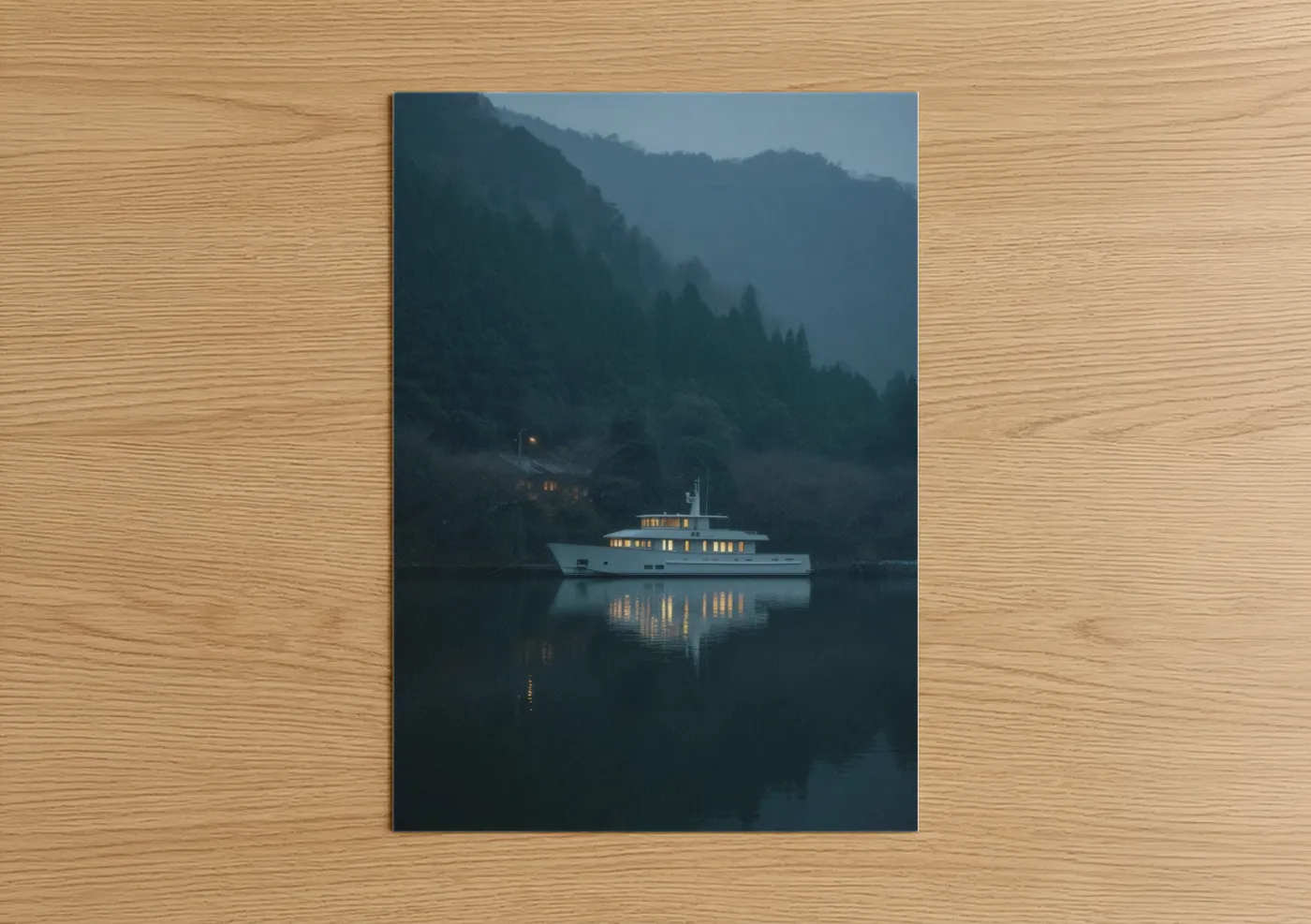Luxury Yacht Misty Mountain Lake Evening Wall Art