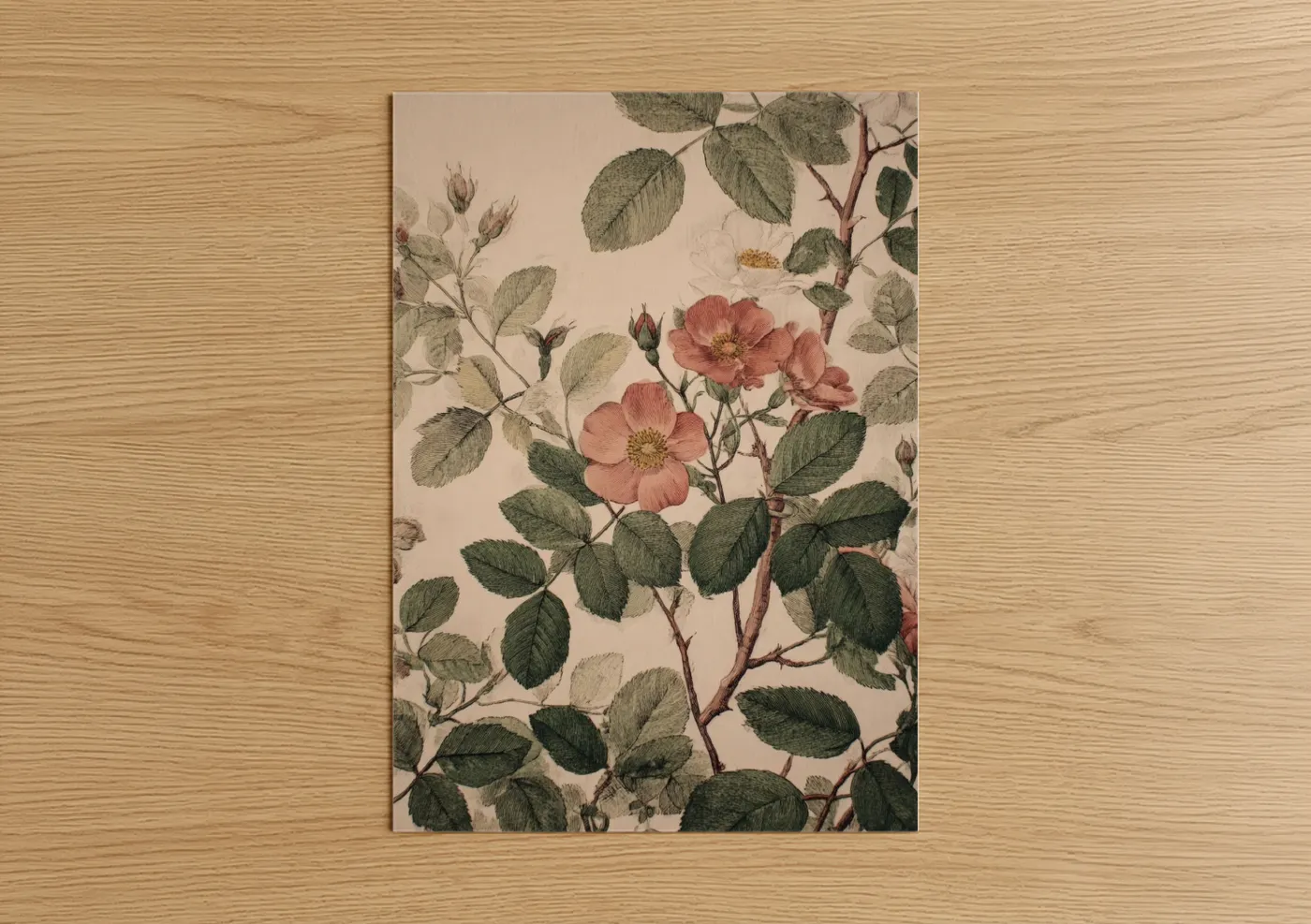 Leaf art print on warm oak wood — sage green and salmon pink palette — Botanical Rose Study poster