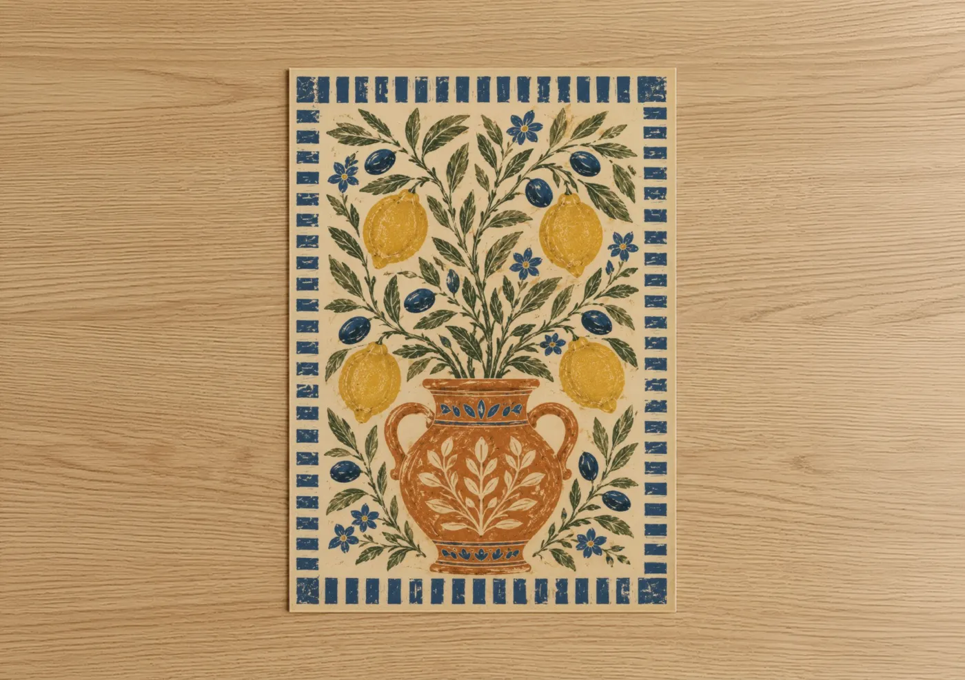 Fruit trees art print on warm oak wood — beige and blue palette — Mediterranean Lemon Tree Vase Wall Art poster