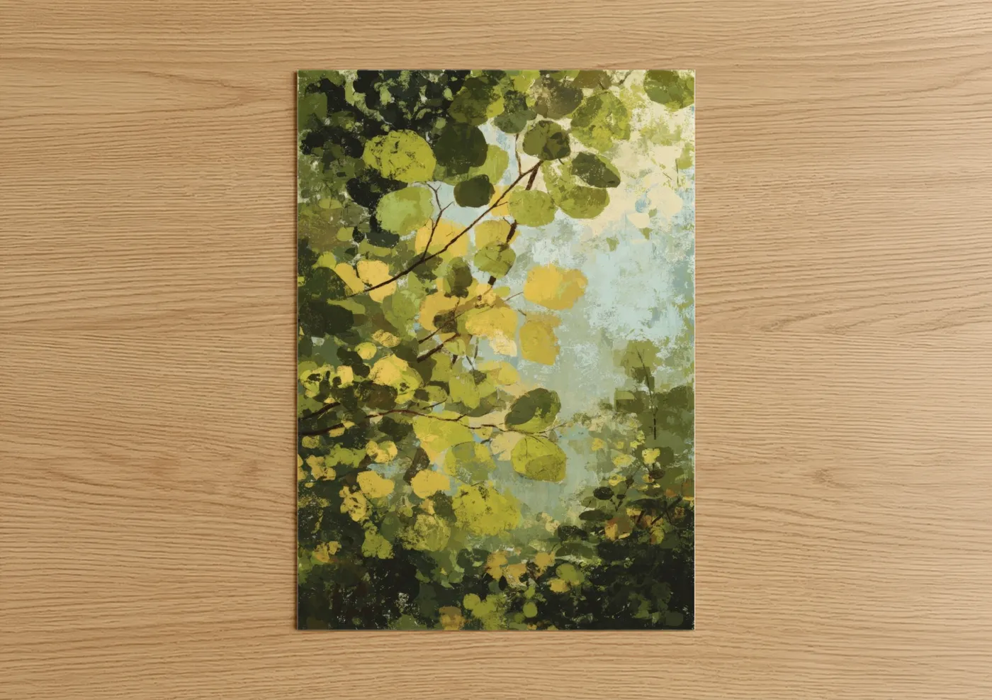 Leaf art print on warm oak wood — yellow gold and green palette — Sunlit Aspen Leaves poster