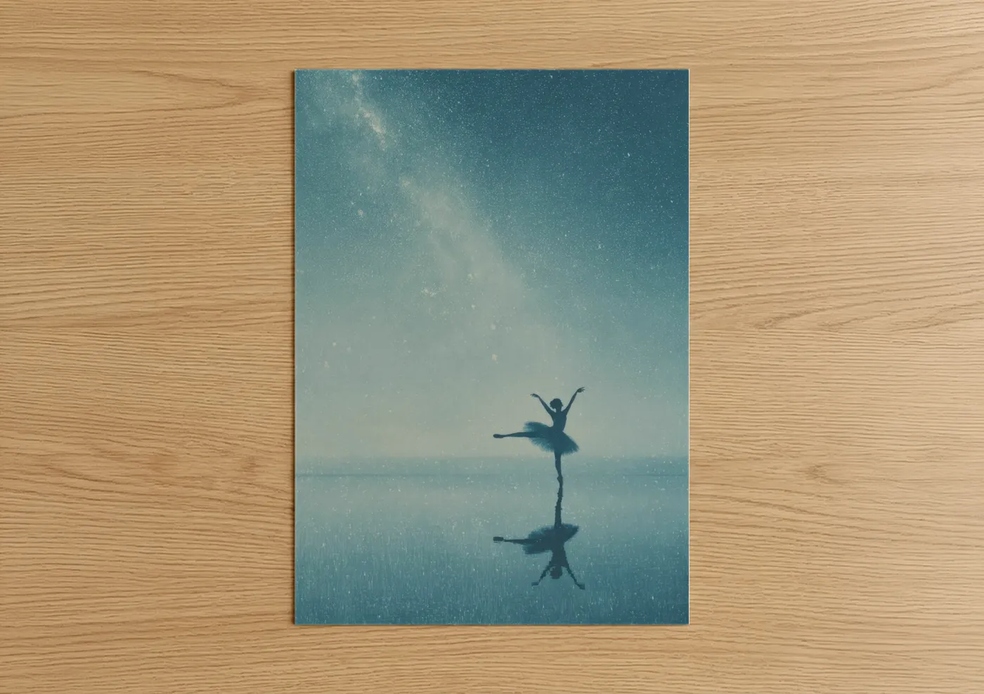 Art print on warm oak wood — teal and white palette — Ethereal Ballet Reflection poster