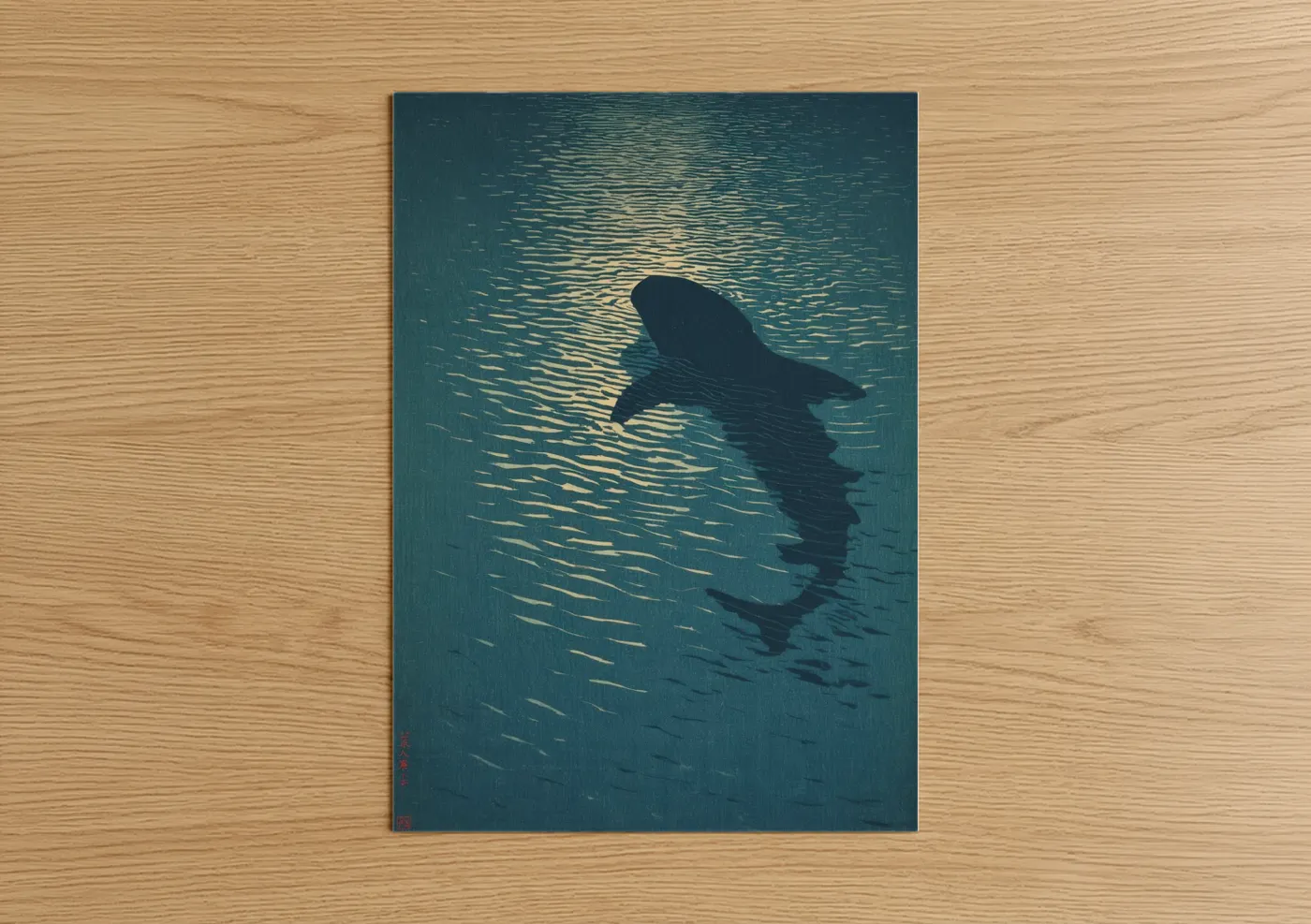 Art print on warm oak wood — teal and gold palette — Sunlit Whale Shark poster