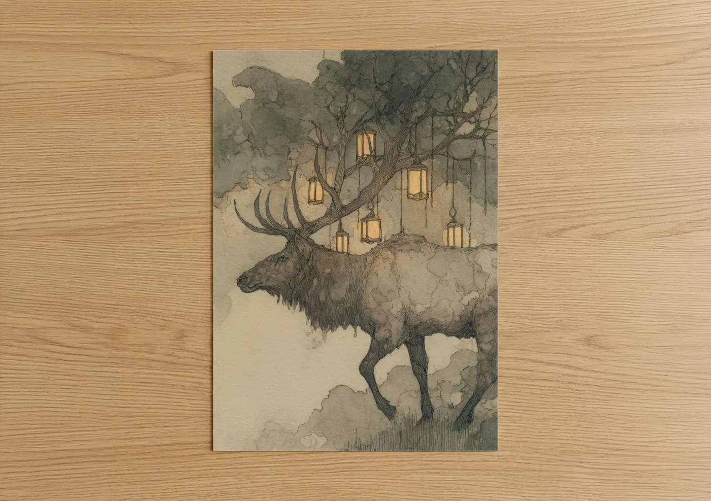 Art print on warm oak wood — beige and dove gray palette — Lantern Elk poster