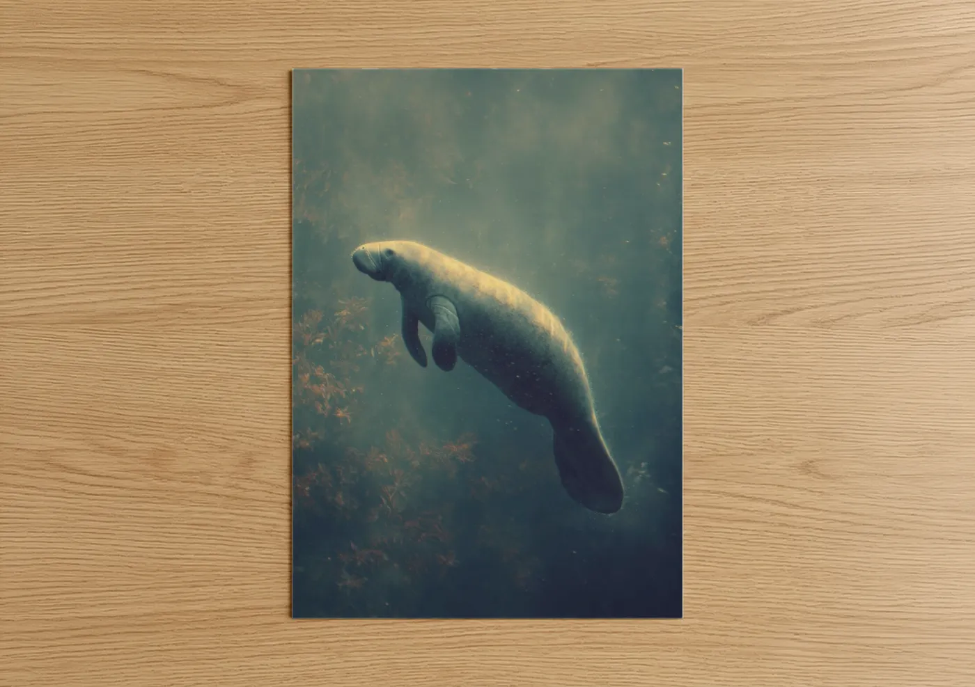 Manatees art print on warm oak wood — teal and gold palette — Gentle Manatee poster