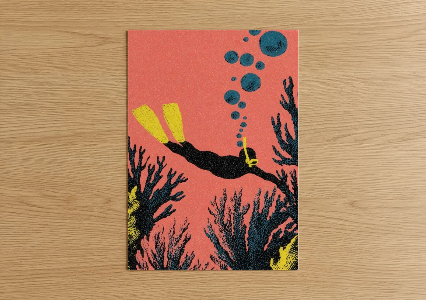 Snorkeling art print on warm oak wood — red and teal palette — Coral Reef Diver poster