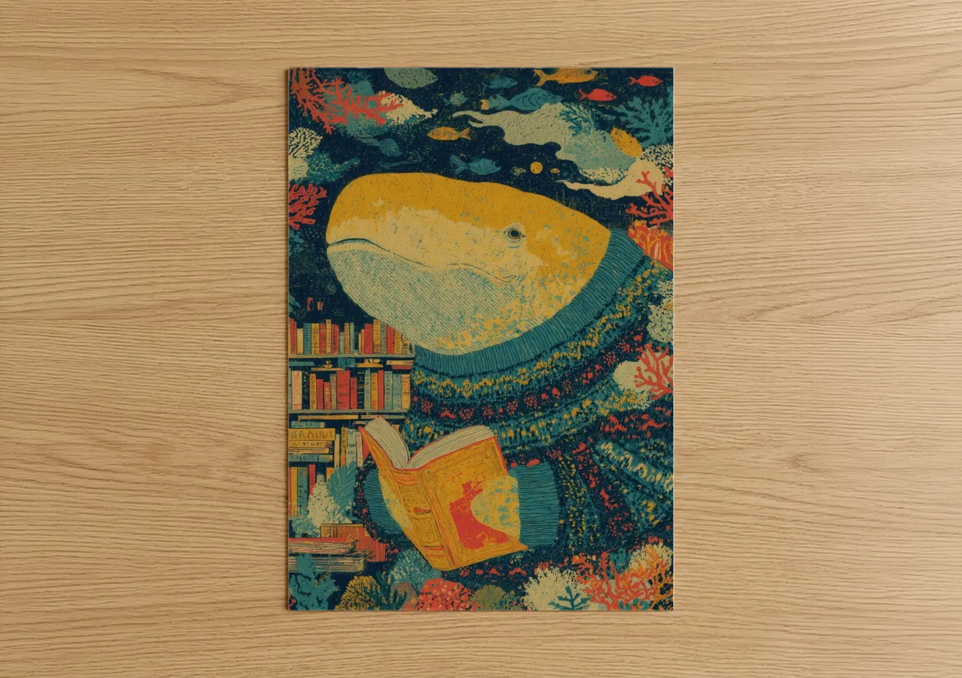 Sperm whale art print on warm oak wood — teal and gold palette — Literary Whale poster