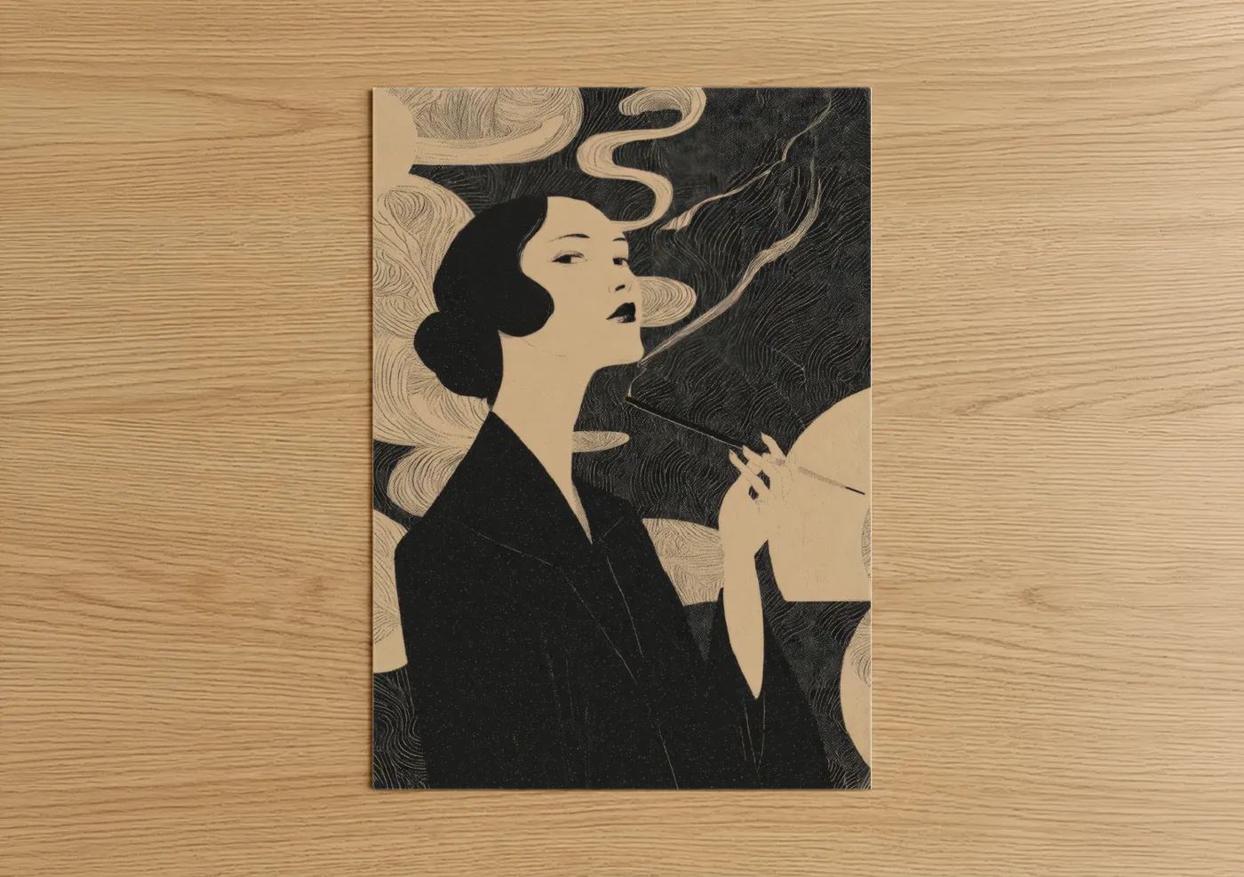 Art print on warm oak wood — black and white and cream palette — Contemplative Smoker poster