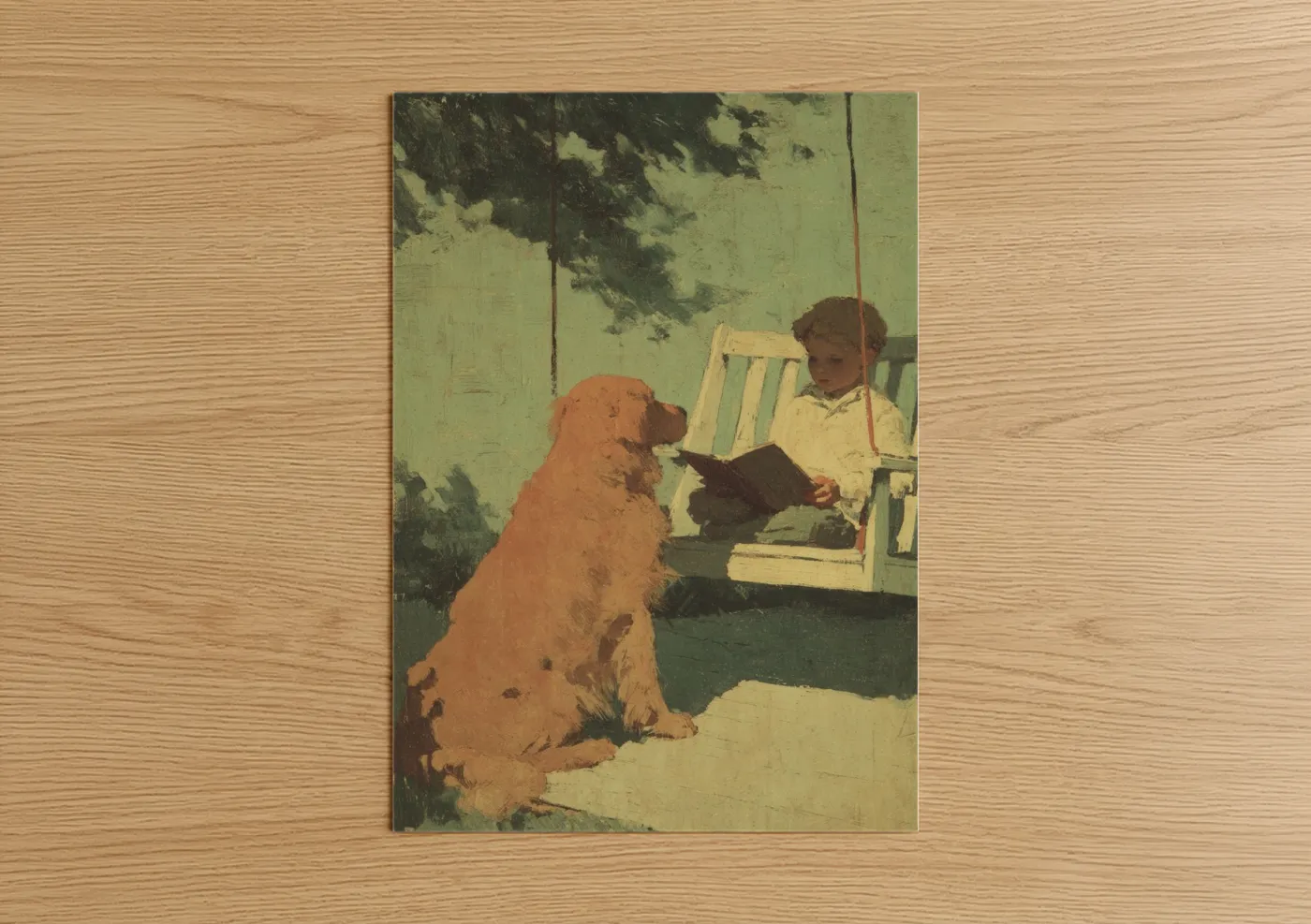 Reading art print on warm oak wood — sage green and gold palette — Quiet Companionship poster