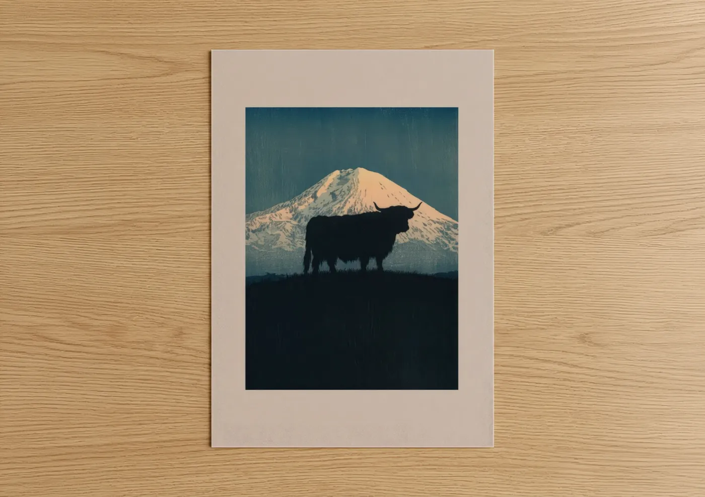 Highland cow art print on warm oak wood — dark blue and white palette — Snowy Highland Majesty poster