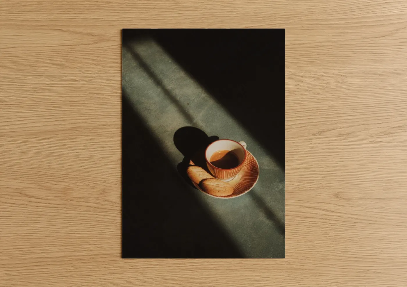 Sweet art print on warm oak wood — gold and black and white palette — Morning Coffee Break poster