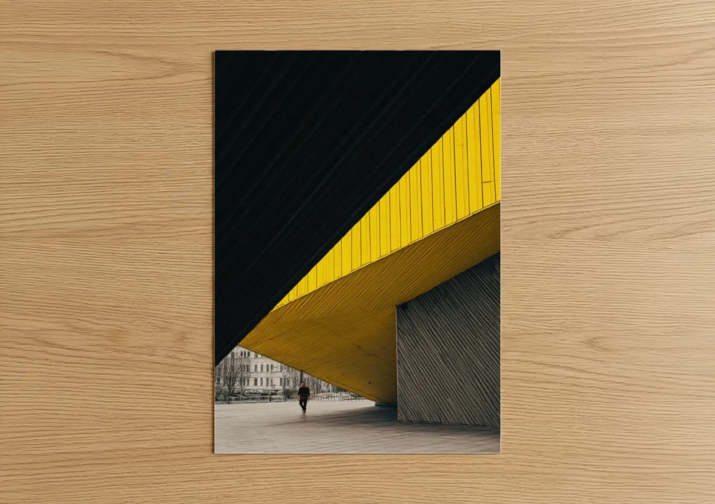 Abstract architecture art print on warm oak wood — yellow gold and black palette — Golden Overhang poster