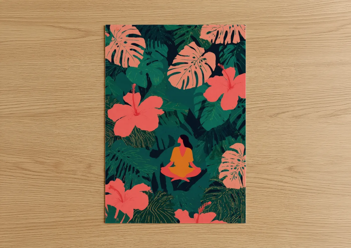 Fitness yoga art print on warm oak wood — true green and salmon pink palette — Tropical Yoga Meditation poster