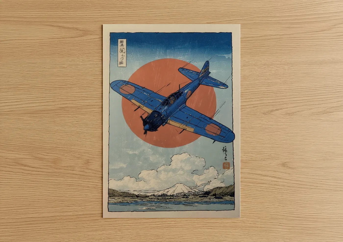 Vintage airplane art print on warm oak wood — blue and russet palette — Blue Retro Bomber poster