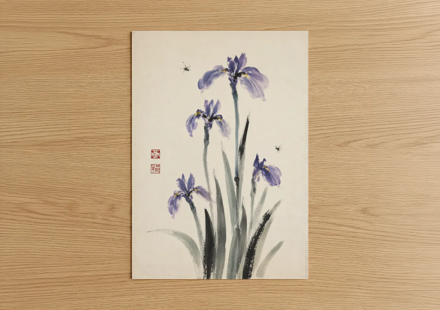 Art print on warm oak wood — lavender and cream palette — Japanese Iris and Bee Wall Art poster