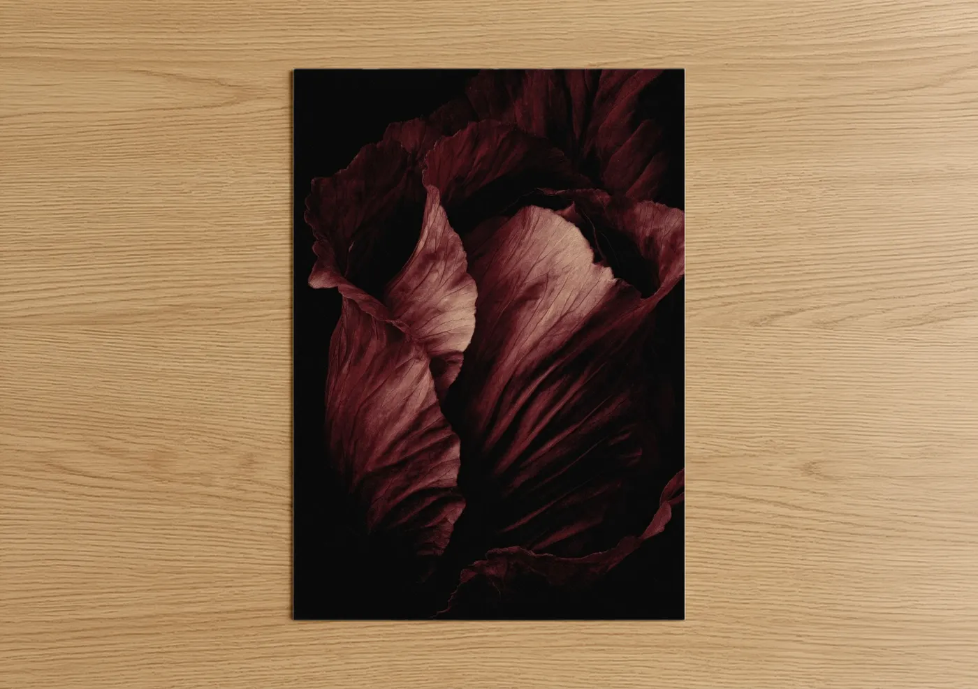 Vegetable art print on warm oak wood — maroon and black palette — Crimson Cabbage poster