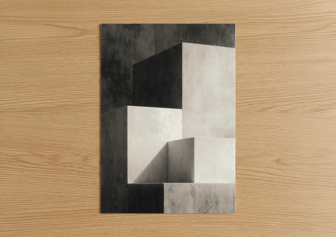 Art print on warm oak wood — black and white and gray palette — Geometric Masonry poster