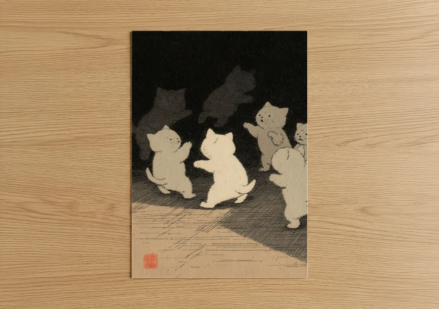 Karate art print on warm oak wood — black and white and cream palette — Moonlit Kittens poster