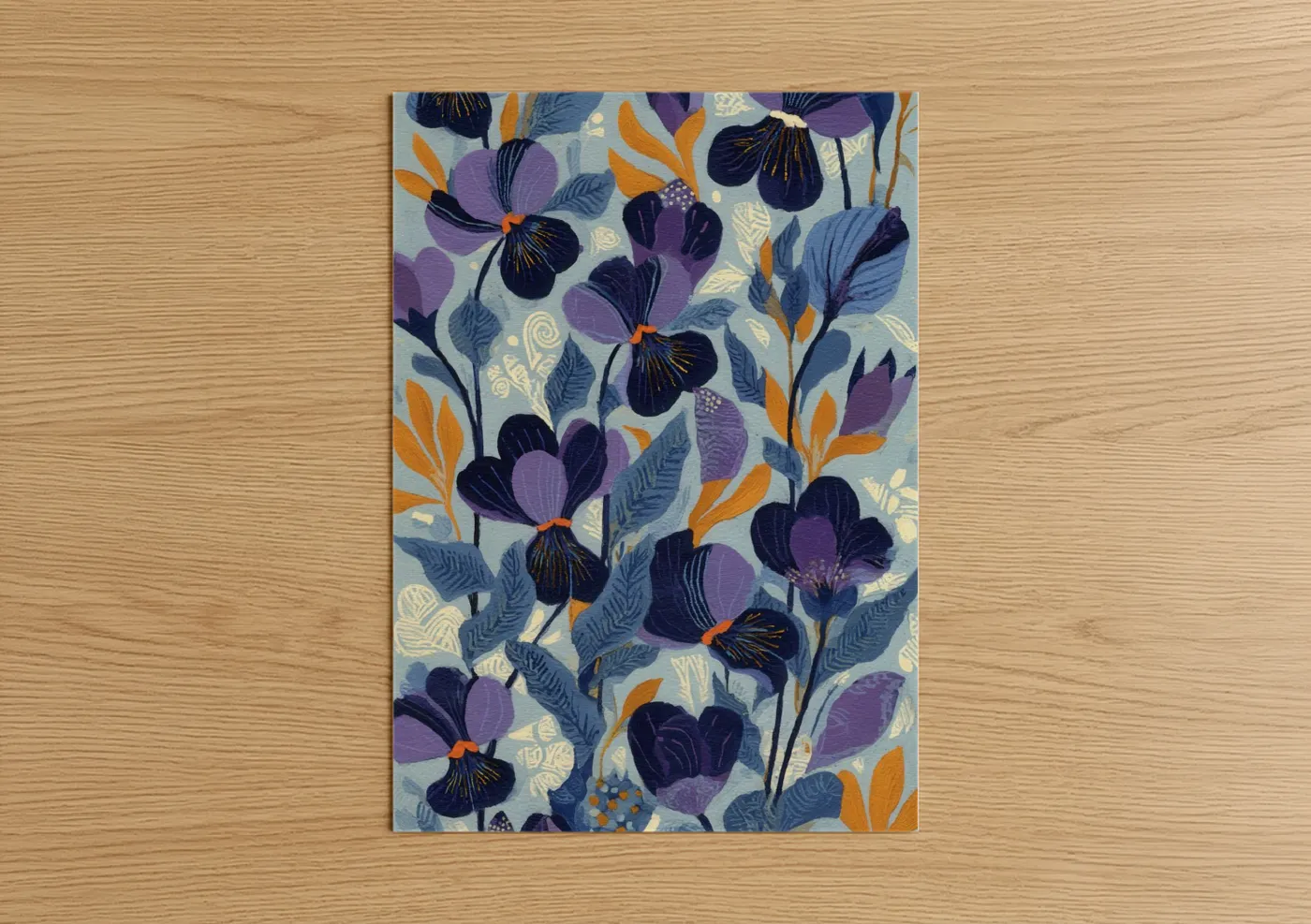 Art print on warm oak wood — blue and purple palette — Midnight Violets poster