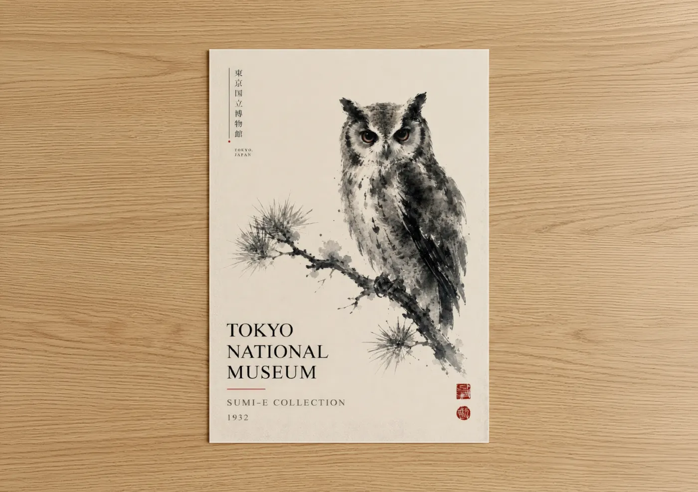 Art print on warm oak wood — black and white and beige palette — Japanese Owl Sumi-e Wall Art poster
