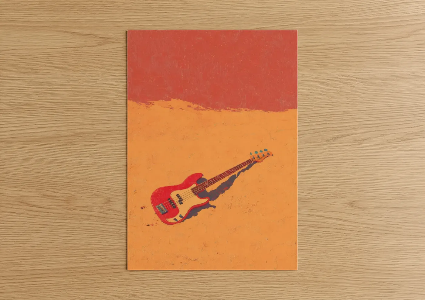 Art print on warm oak wood — red and orange palette — Desert Bass Guitar poster