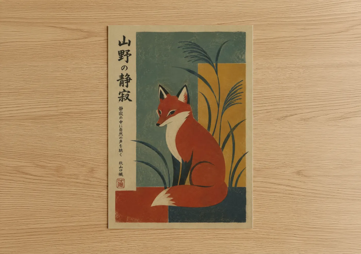 Art print on warm oak wood — sage green and gold palette — Japanese Fox Woodblock Wall Art poster
