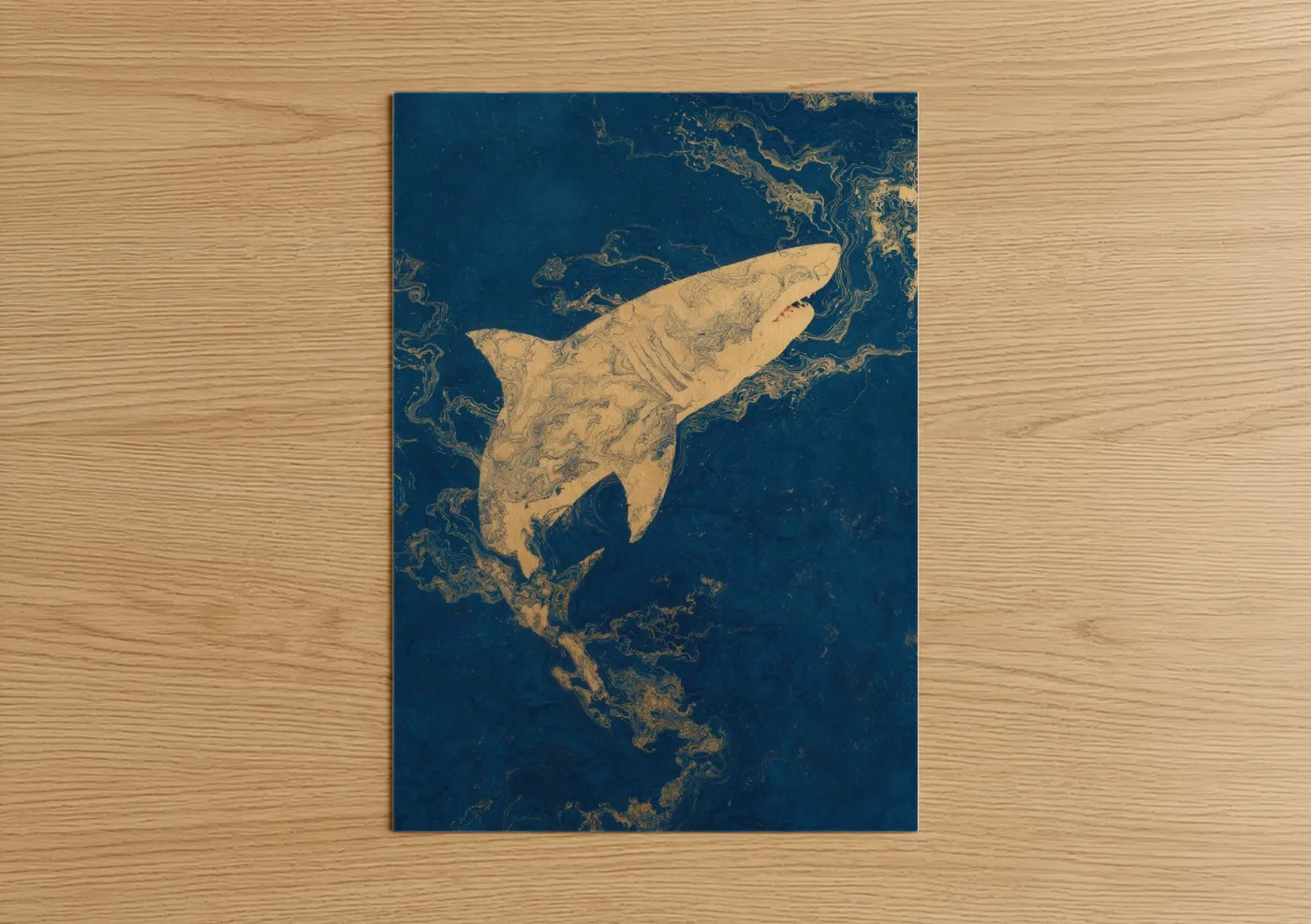 Great white shark art print on warm oak wood — gold and dark blue palette — Golden Great White poster