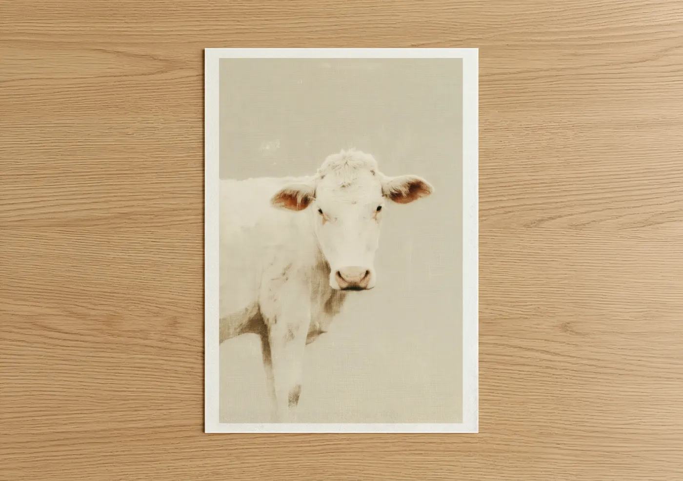 Art print on warm oak wood — cream and beige palette — Cream Jersey Cow poster