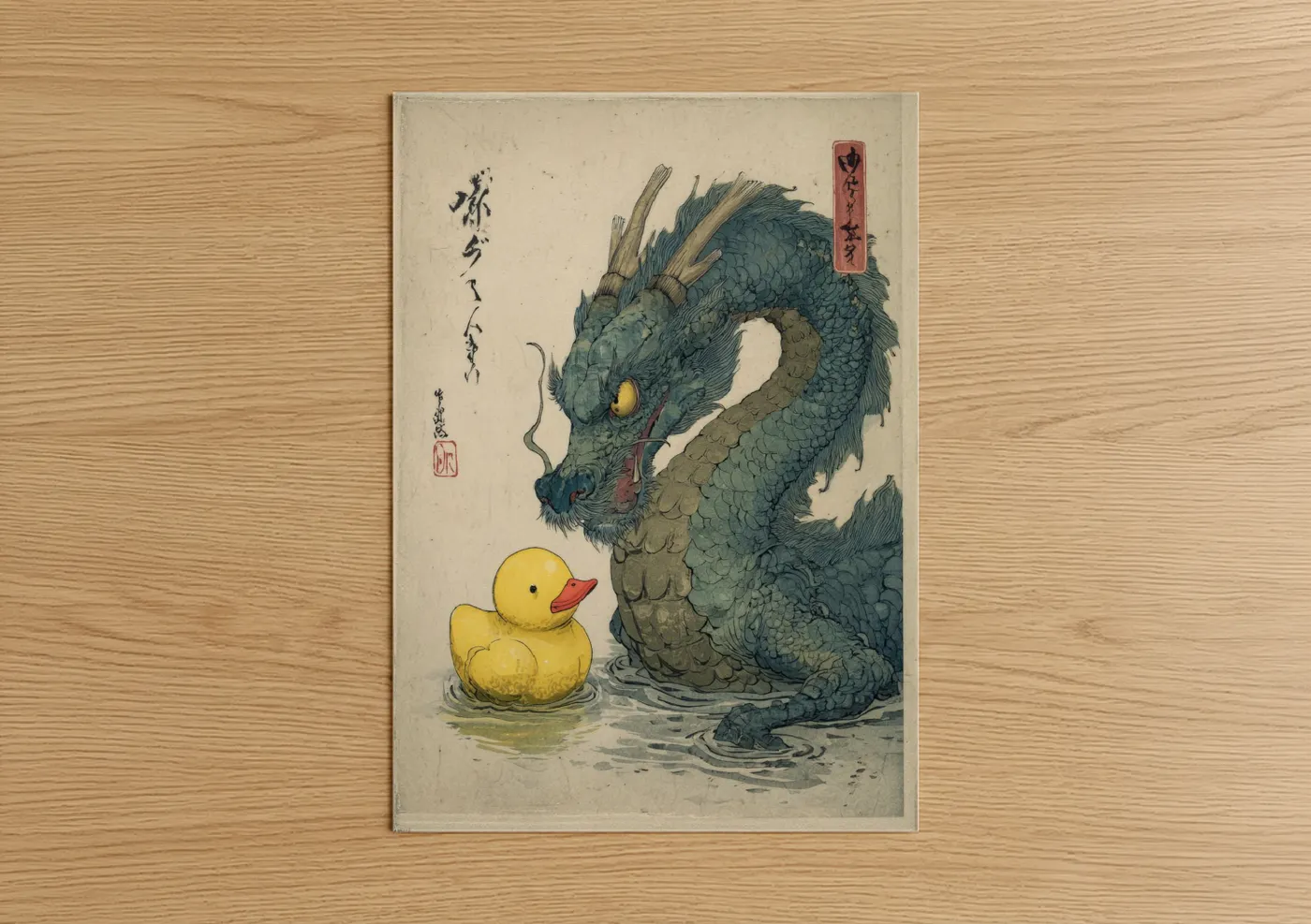 Art print on warm oak wood — dark green and yellow gold palette — Dragon & Duckling poster