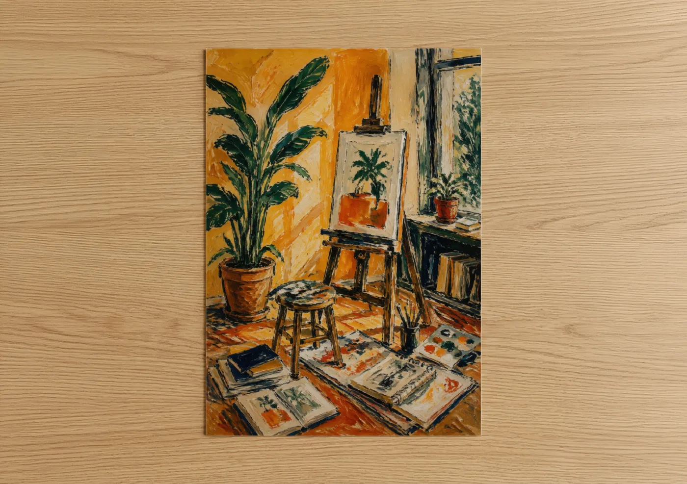 Art print on warm oak wood — orange and true green palette — Artist Studio Plant Scene Wall Art poster