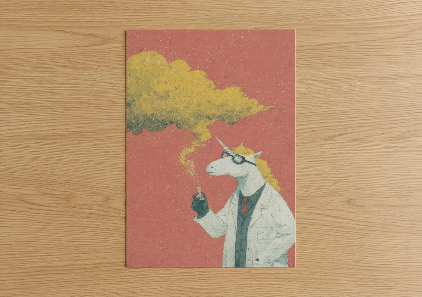Unicorns art print on warm oak wood — yellow gold and salmon pink palette — Scientist Unicorn poster