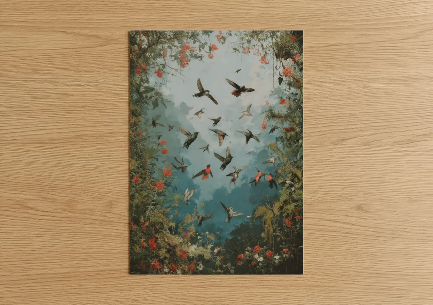 Tropical Hummingbird Flight Among Flowers Wall Art