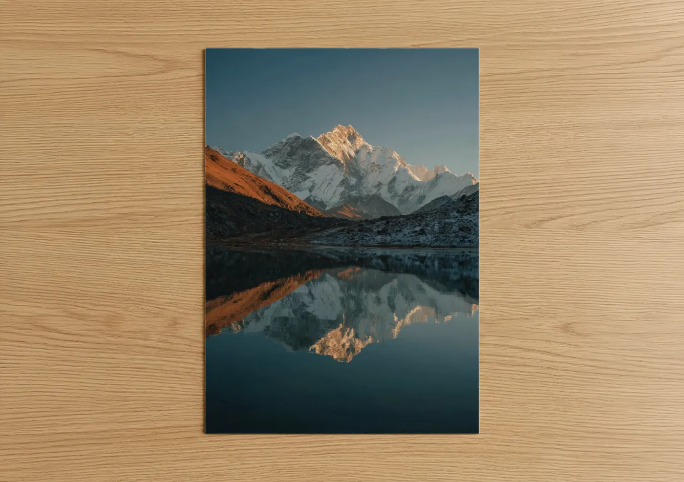 Mount everest art print on warm oak wood — blue and gold and white palette — Golden Everest poster