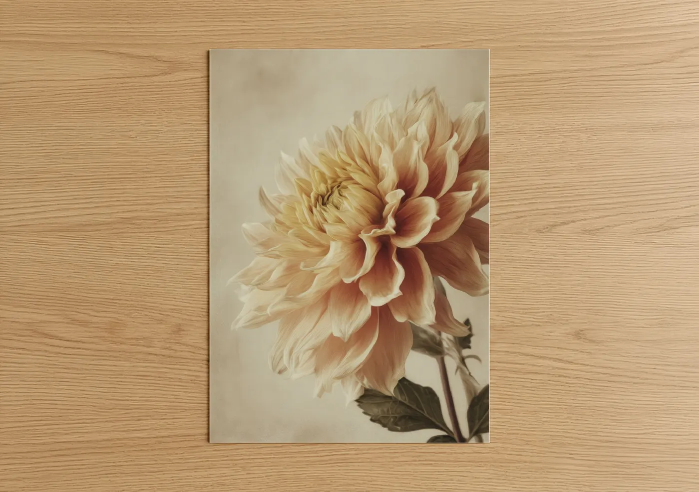 Art print on warm oak wood — peach and cream palette — Peachy Dahlia poster